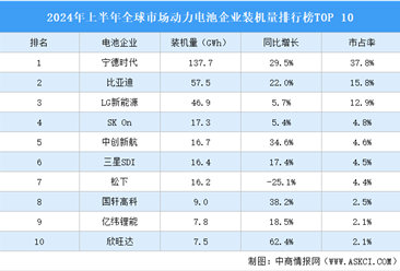 2024年上半年全球市场动力电池企业装机量排行榜TOP10（附榜单）