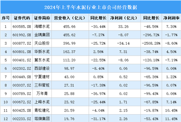 2024年上半年中國水泥行業(yè)上市公司業(yè)績排行榜（附榜單）