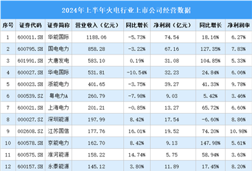 2024年上半年中国火电行业上市公司业绩排行榜（附榜单）