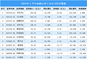 2024年上半年中國面板行業(yè)上市公司業(yè)績排行榜（附榜單）