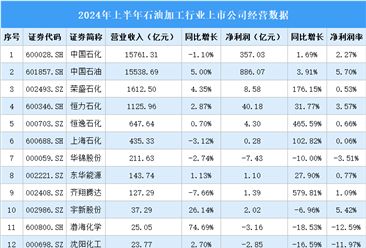 2024年上半年中國石油加工行業(yè)上市公司業(yè)績排行榜（附榜單）