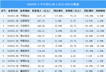 2024年上半年中国铝行业上市公司业绩排行榜（附榜单）