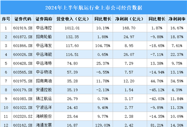 2024年上半年中國航運(yùn)行業(yè)上市公司業(yè)績(jī)排行榜（附榜單）