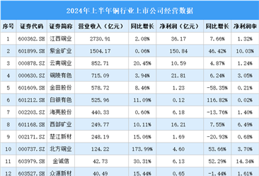 2024年上半年中国铜行业上市公司业绩排行榜（附榜单）