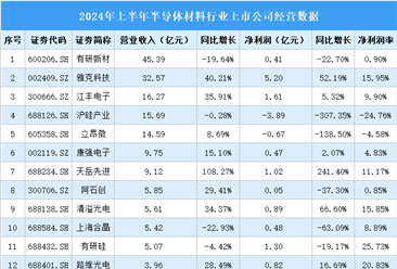 2024年上半年中国半导体材料行业上市公司业绩排行榜（附榜单）