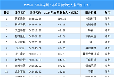 2024年上半年湖州市上市公司营业收入排行榜（附榜单）