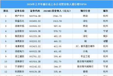 2024年上半年浙江省上市公司营业收入排行榜（附榜单）