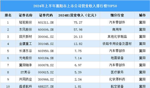 2024年上半年襄阳市上市公司营业收入排行榜（附榜单）