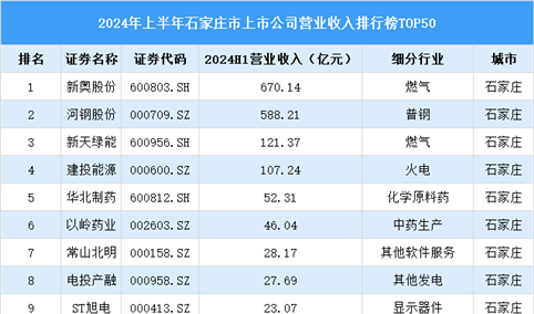 2024年上半年石家庄市上市公司营业收入排行榜（附榜单）