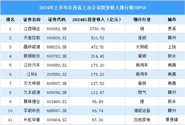 2024年上半年江西省上市公司营业收入排行榜（附榜单）