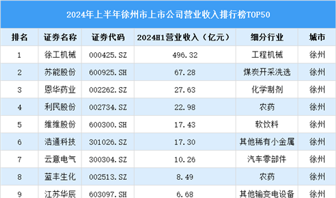 2024年上半年徐州市上市公司营业收入排行榜（附榜单）