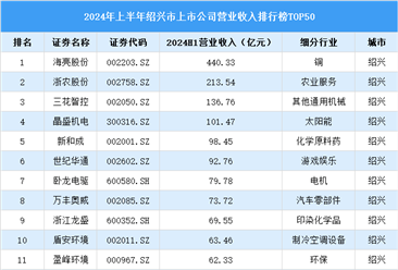 2024年上半年绍兴市上市公司营业收入排行榜（附榜单）