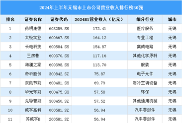 2024年上半年无锡市上市公司营业收入排行榜（附榜单）