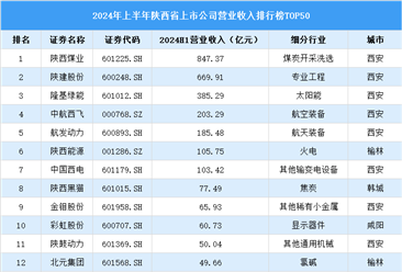 2024年上半年陕西省上市公司营业收入排行榜（附榜单）