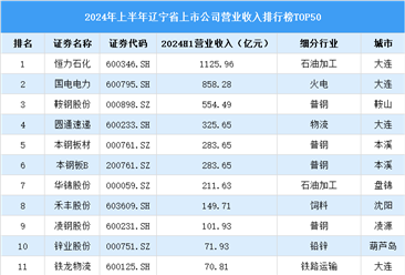 2024年上半年辽宁省上市公司营业收入排行榜（附榜单）