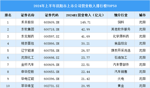 2024年上半年沈阳市上市公司营业收入排行榜（附榜单）