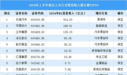 2024年上半年保定市上市公司营业收入排行榜（附榜单）