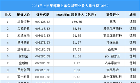 2024年上半年德州市上市公司营业收入排行榜（附榜单）