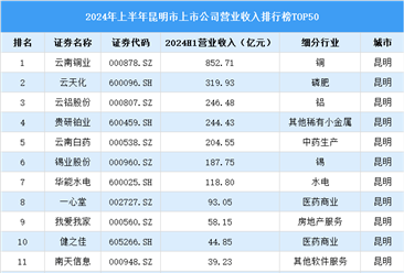 2024年上半年昆明市上市公司营业收入排行榜（附榜单）