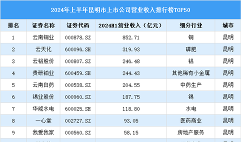 2024年上半年昆明市上市公司营业收入排行榜（附榜单）