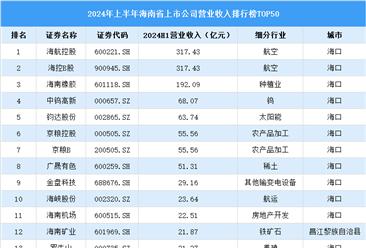 2024年上半年海南省上市公司营业收入排行榜（附榜单）