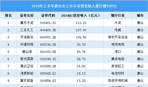 2024年上半年唐山市上市公司营业收入排行榜（附榜单）