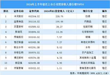 2024年上半年宿迁市上市公司营业收入排行榜（附榜单）