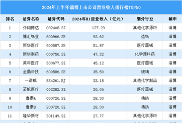 2024年上半年淄博市上市公司营业收入排行榜（附榜单）