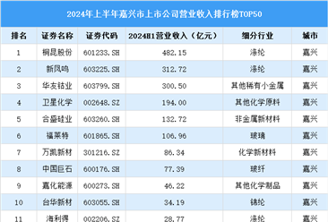 2024年上半年嘉兴市上市公司营业收入排行榜（附榜单）