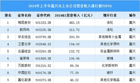 2024年上半年嘉兴市上市公司营业收入排行榜（附榜单）