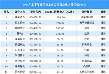 2024年上半年潍坊市上市公司营业收入排行榜（附榜单）