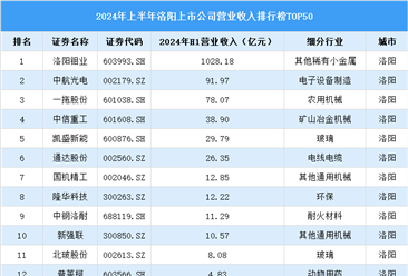 2024年上半年洛阳市上市公司营业收入排行榜（附榜单）