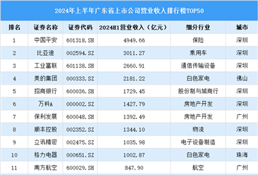 2024年上半年广东省上市公司营业收入排行榜（附榜单）