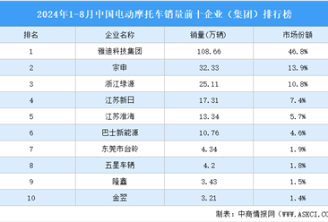 2024年1-8月中国电动摩托车销量前十企业（集团）排行榜（附榜单）