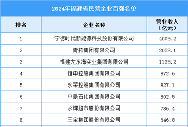 2024年福建省民營企業(yè)百強(qiáng)名單（附榜單）