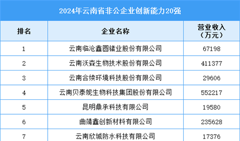 2024年云南省非公企业创新能力20强企业名单（附榜单）