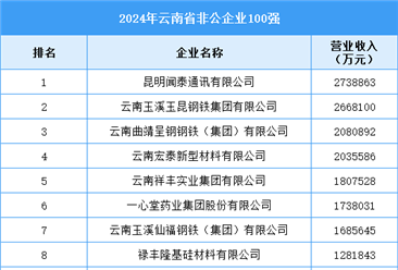 2024年云南省非公企業(yè)100強(qiáng)企業(yè)名單（附榜單）