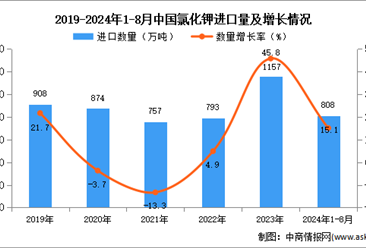 2024年1-8月中国氯化钾进口数据统计分析：进口量808万吨