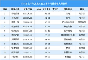 2024年上半年黑龙江省上市公司营业收入排行榜（附榜单）