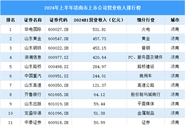 2024上半年济南市上市公司营业收入排行榜（附榜单）