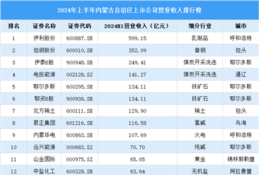 2024年上半年内蒙古自治区上市公司营业收入排行榜（附榜单）
