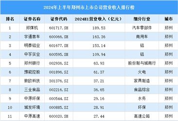 2024年上半年郑州市上市公司营业收入排行榜（附榜单）