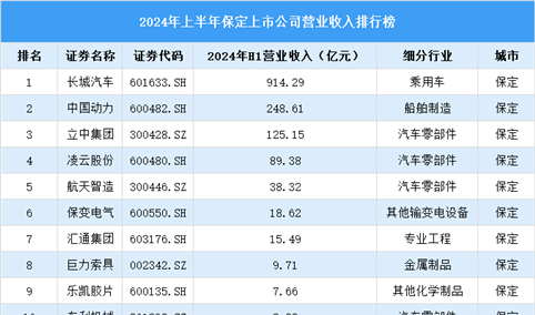 2024年上半年保定市上市公司营业收入排行榜（附榜单）