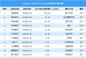 2024年上半年江门市上市公司营业收入排行榜（附榜单）