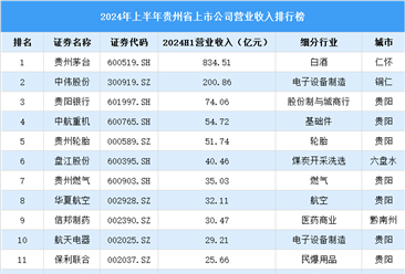 2024年上半年贵州省上市公司营业收入排行榜（附榜单）