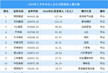 2024年上半年中山市上市公司营业收入排行榜（附榜单）