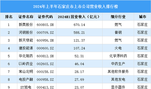 2024年上半年石家庄市上市公司营业收入排行榜（附榜单）