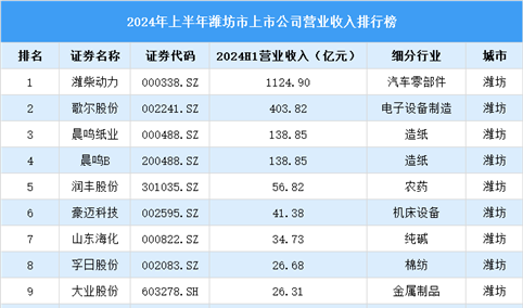 2024年上半年潍坊市上市公司营业收入排行榜（附榜单）