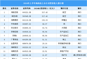 2024年上半年海南省上市公司营业收入排行榜（附榜单）