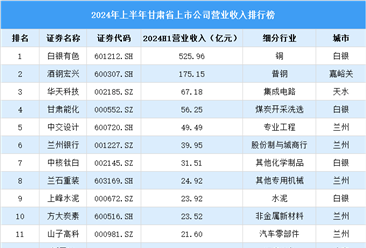 2024年上半年甘肃省上市公司营业收入排行榜（附榜单）